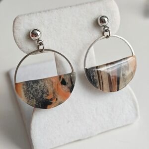 Resin Hoop Drop Earrings Orange Black Marbled Geometric Silver Tone Small Boho